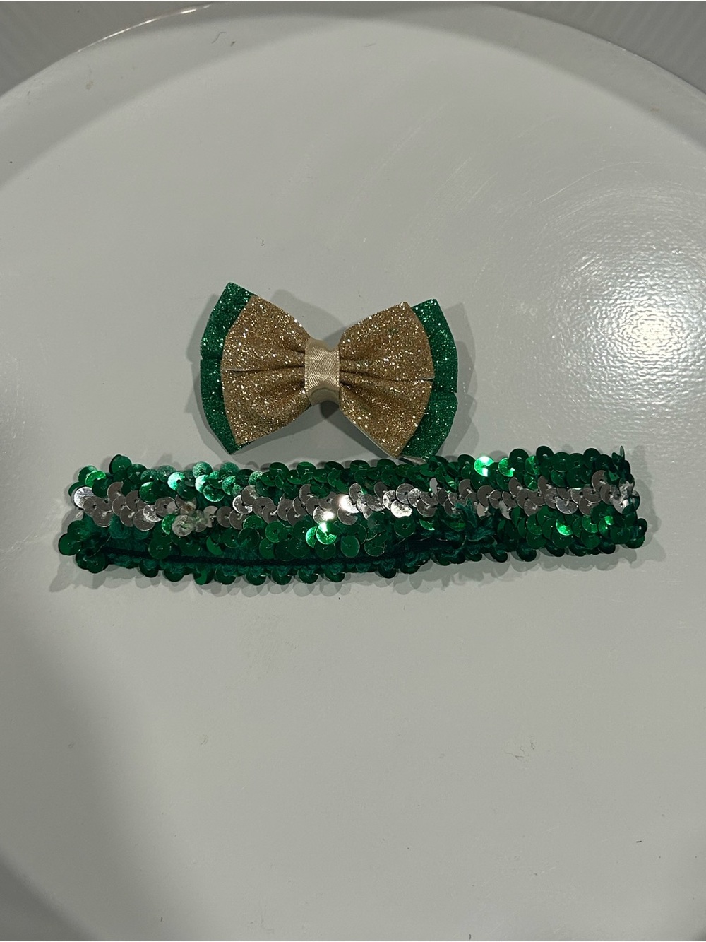 Kids Sequin Headband & Bow Set - Green and Gold